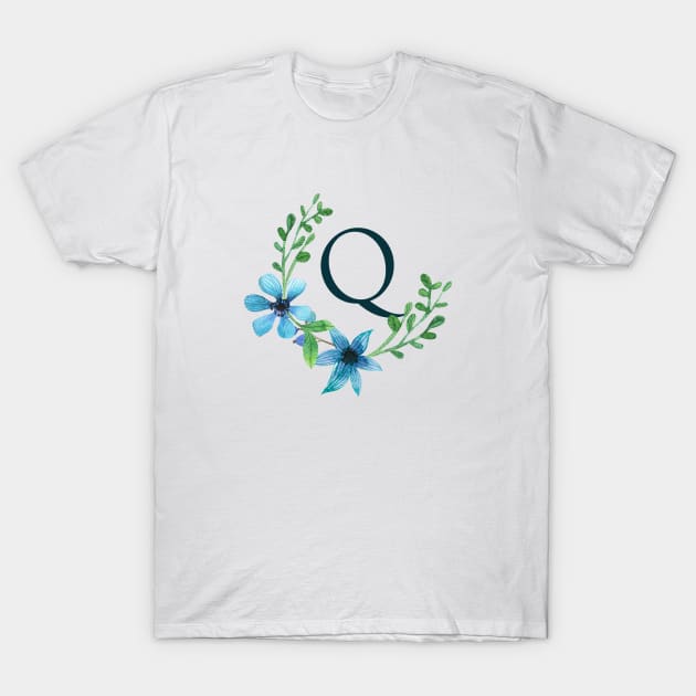 Floral Monogram Q Pretty Blue Flowers T-Shirt by floralmonogram